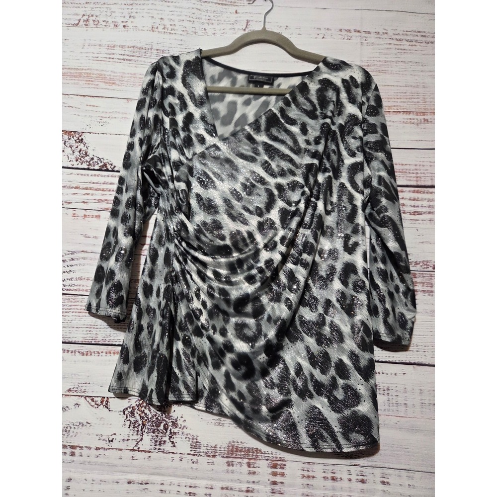 Dressbarn Collection Leopard Print Sequin Ruched V-Neck Top Grey Black Large